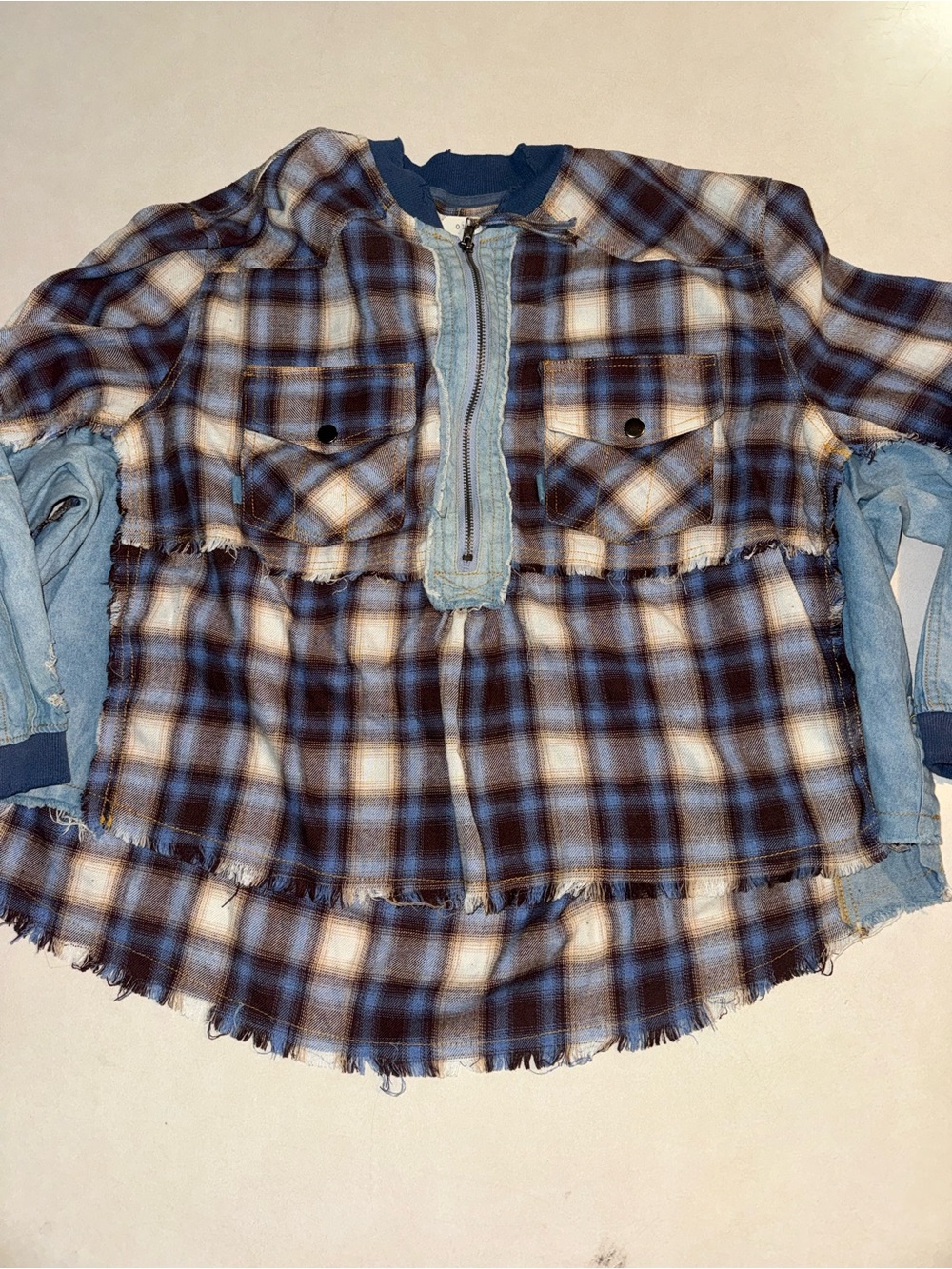 Oli and Hali Flannel Pullover Small Oversized Denim Patchwork Cowgirl Festival